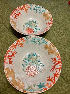 Set of 2 Coastal Coral Starfish Melamine Serving Bowls - White with Coral & Teal
